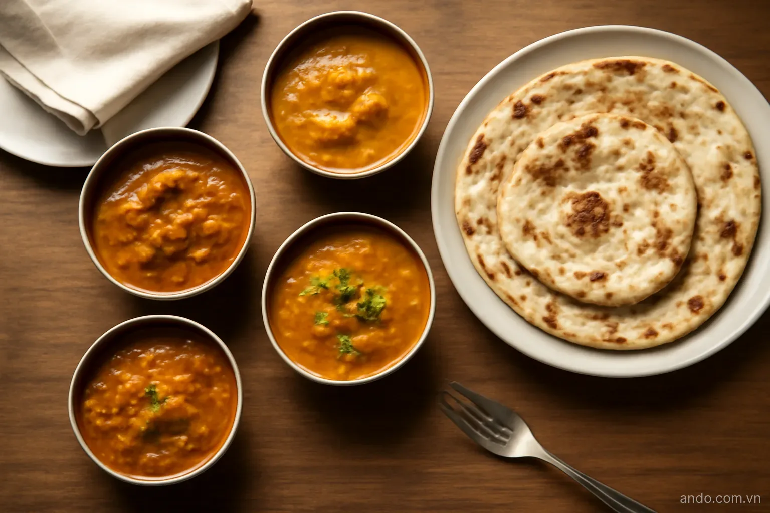 A restaurant table set with several small bowls of curry and flatbread, top-down view, no text