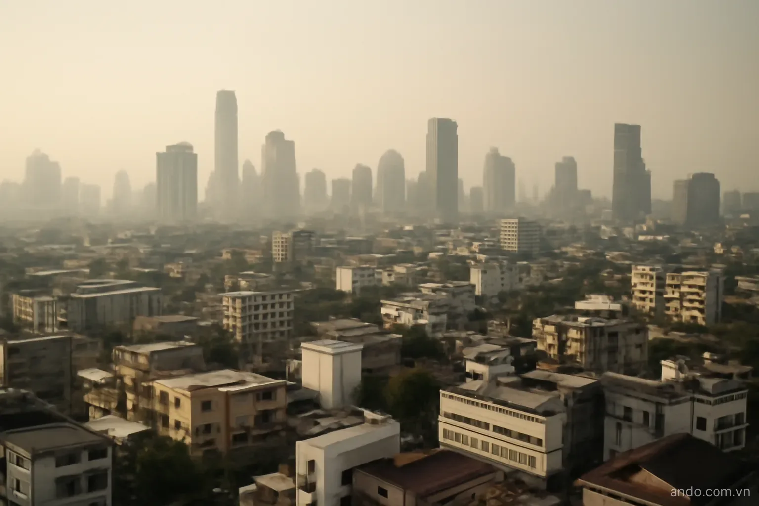 A wide city panorama with mixed low-rise and high-rise buildings under hazy light, wide view, no text