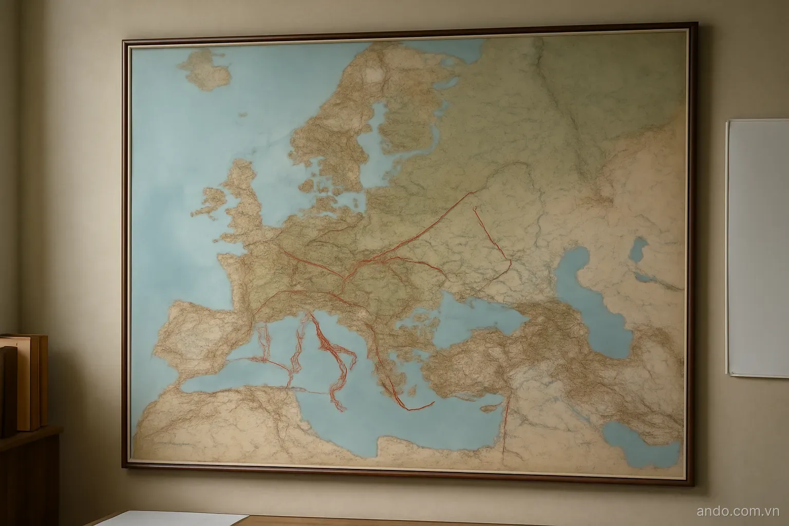 A regional map on a wall with shipping routes drawn between coastlines, wide view, no text