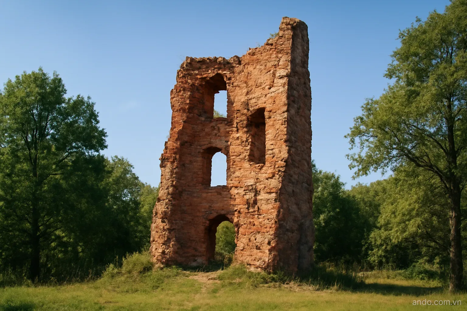 Weathered brick tower ruins among trees under a clear sky, wide view, no text