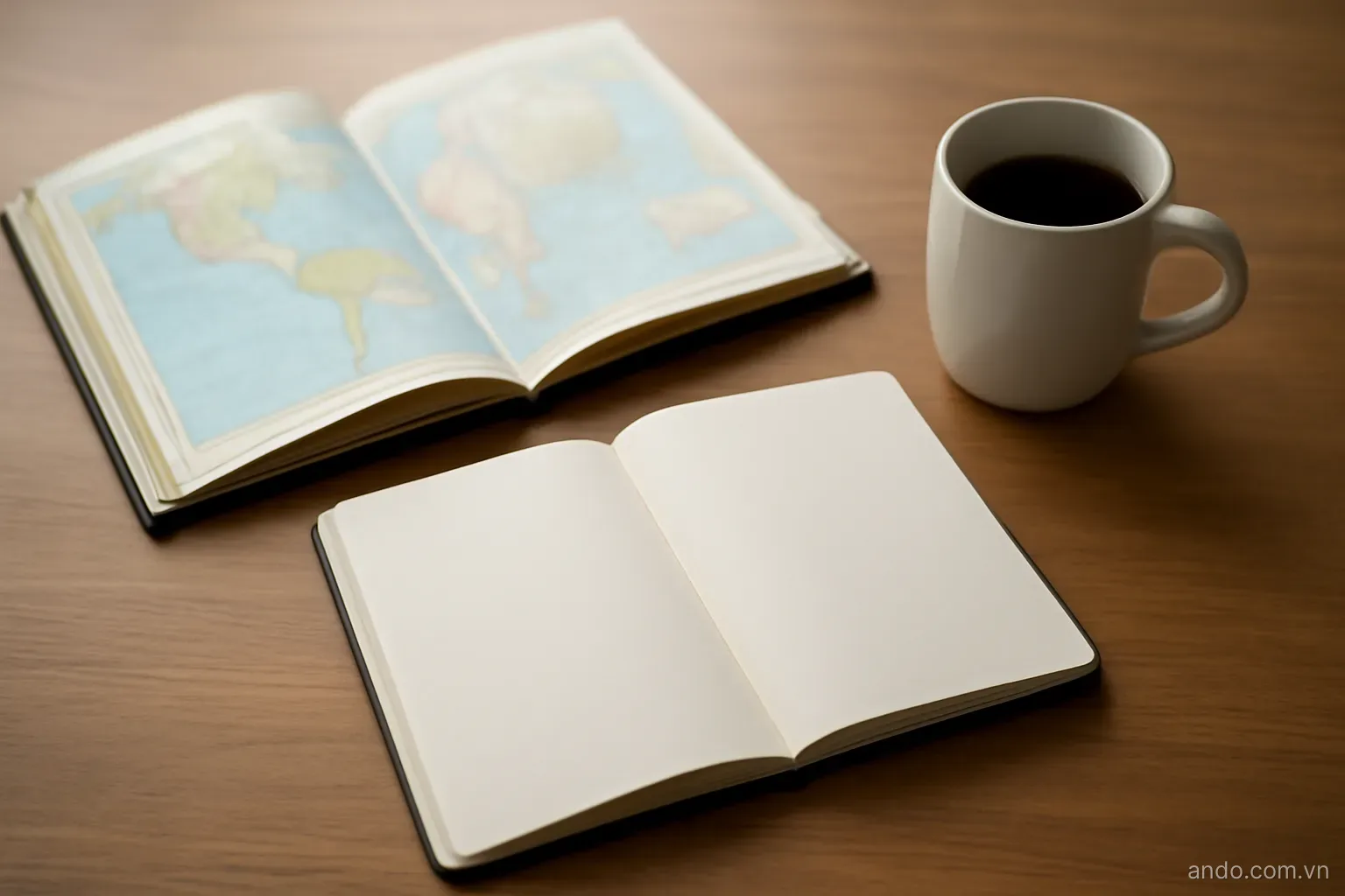 A desk with an open atlas, a notebook and a cup, overhead view, no text