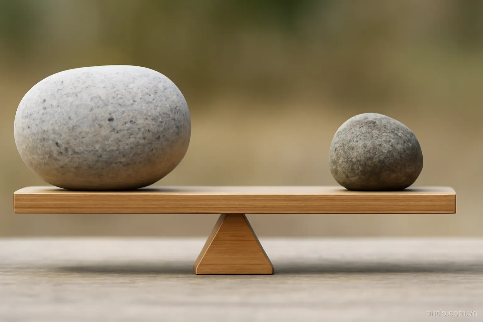 Two stones of very different sizes balanced on a plain plank over a small fulcrum, side view, even daylight, no text
