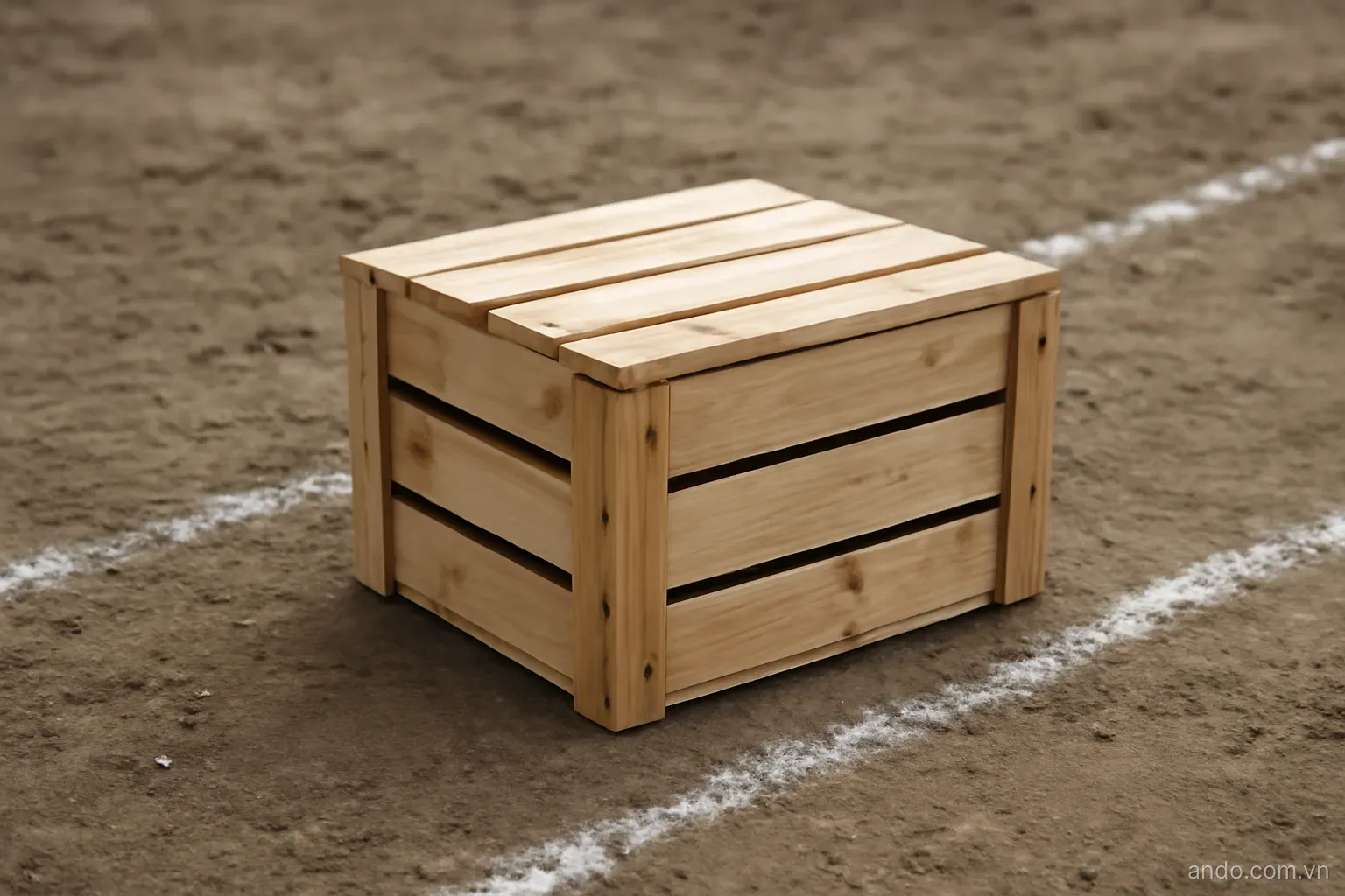 A plain wooden crate sitting alone on bare ground between two chalk lines drawn across the dirt, flat daylight, no text