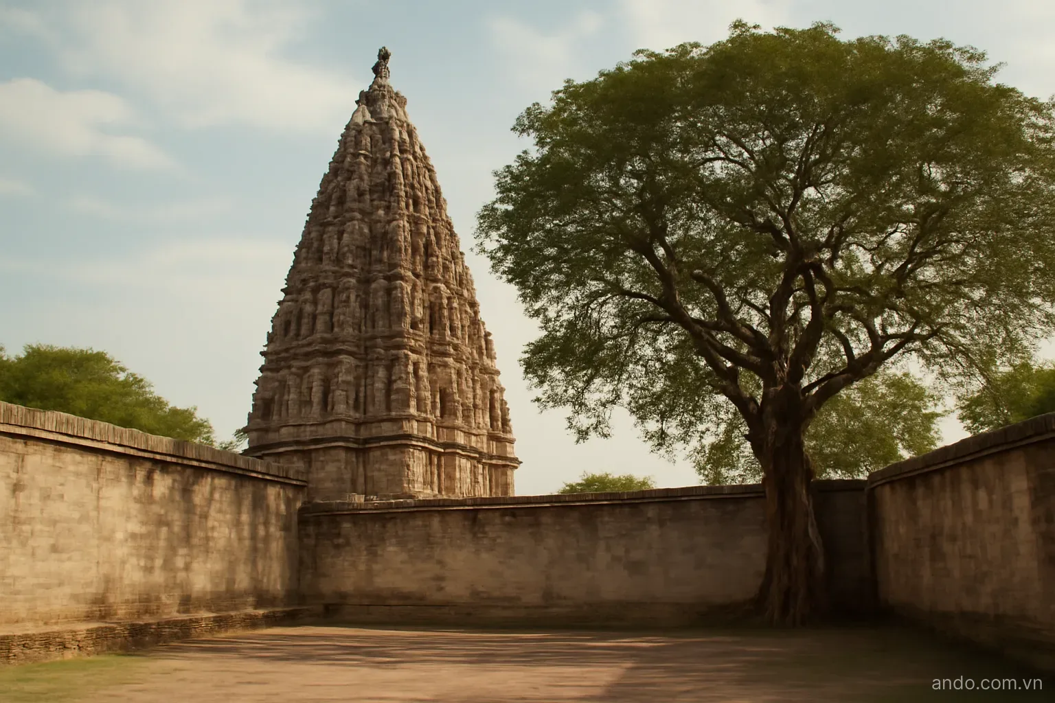 A tall stone temple spire rising above a walled courtyard with an old tree beside it, wide view, no text