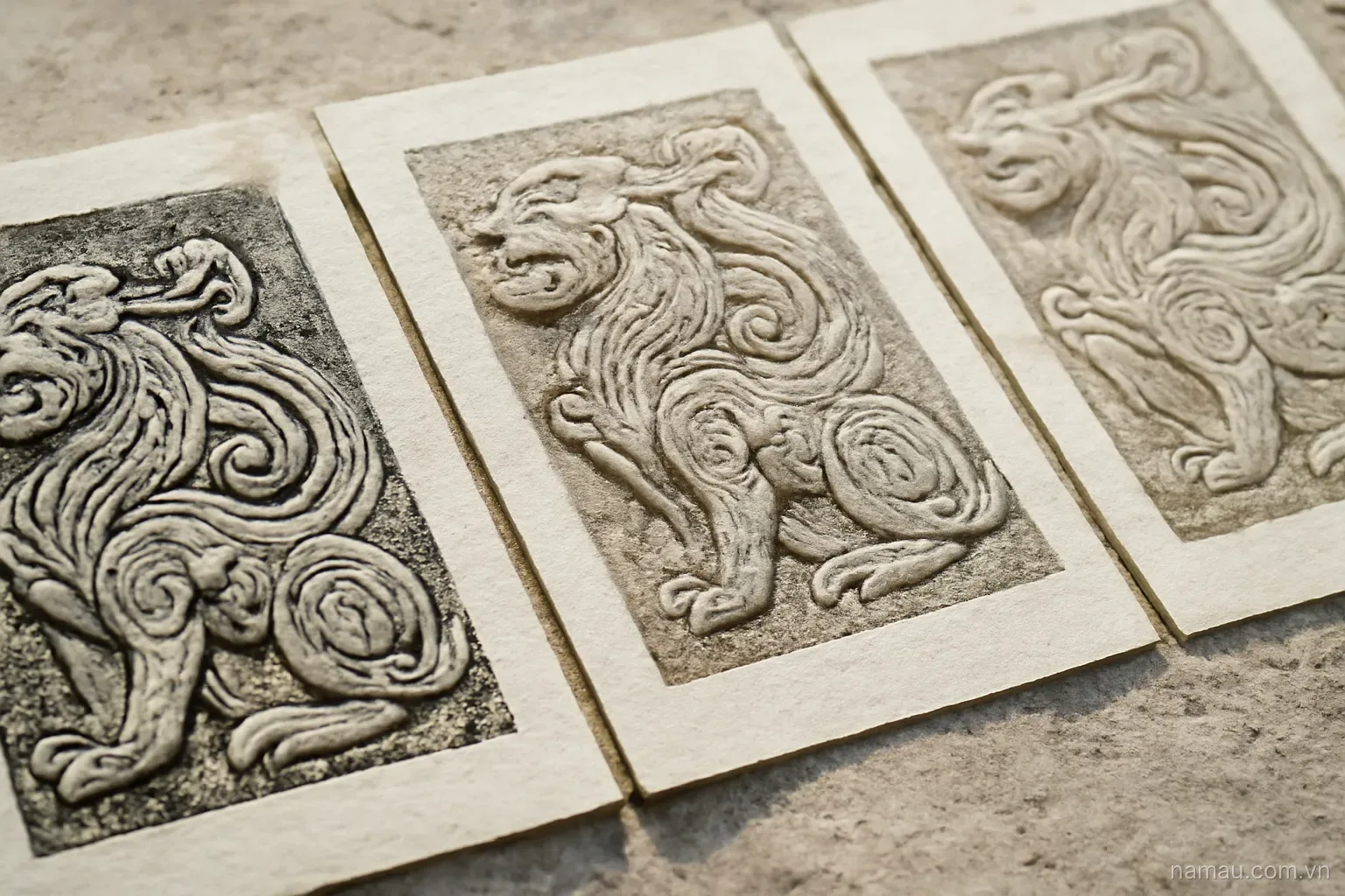 Four small stone blocks of different heights arranged in a row on flat ground, side view, no text