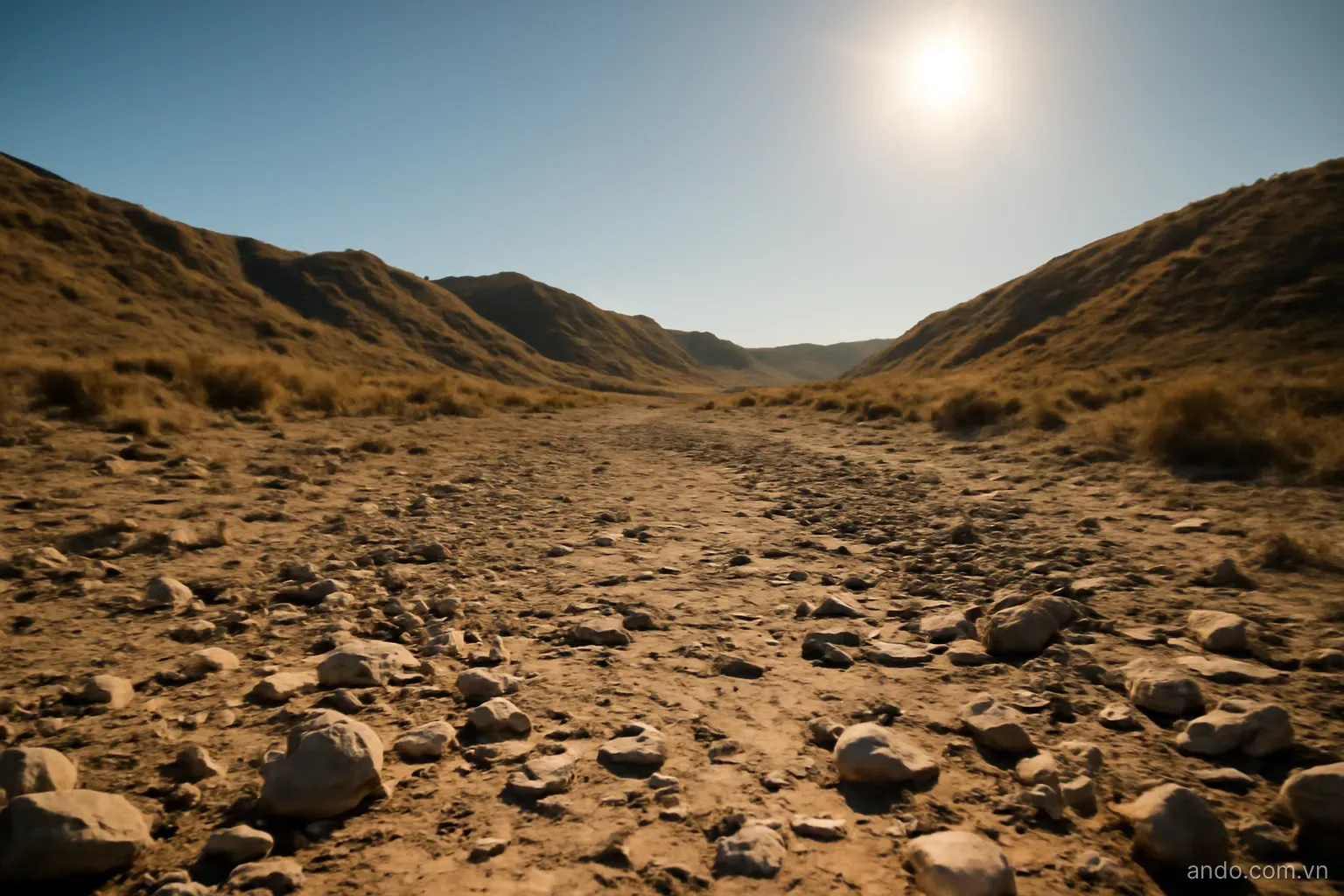 A dry riverbed with hills behind under strong afternoon sun, wide view, no text