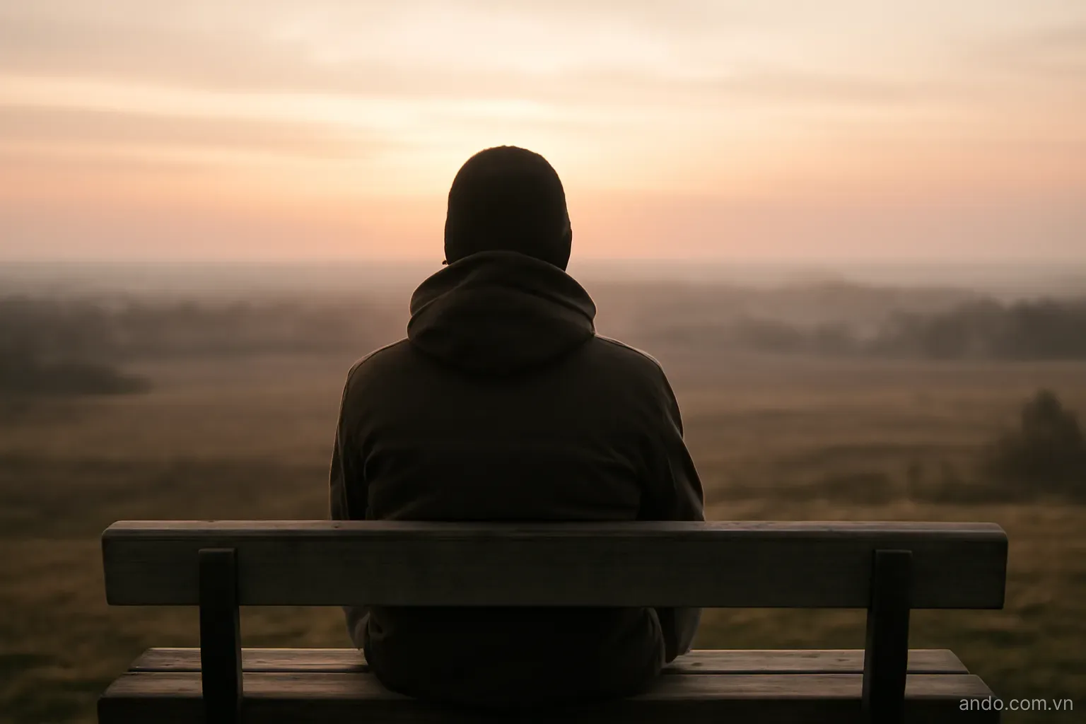 A person seated on a bench looking out over a wide open landscape at dawn, back view, no text