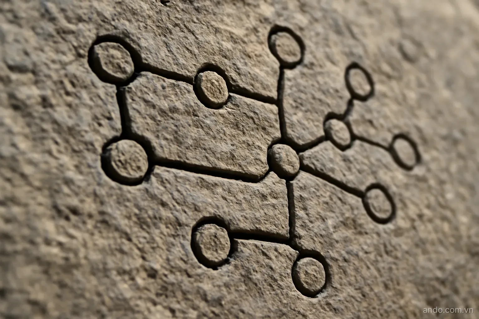 A branching diagram of connected nodes carved on stone with one path marked deeper, no text