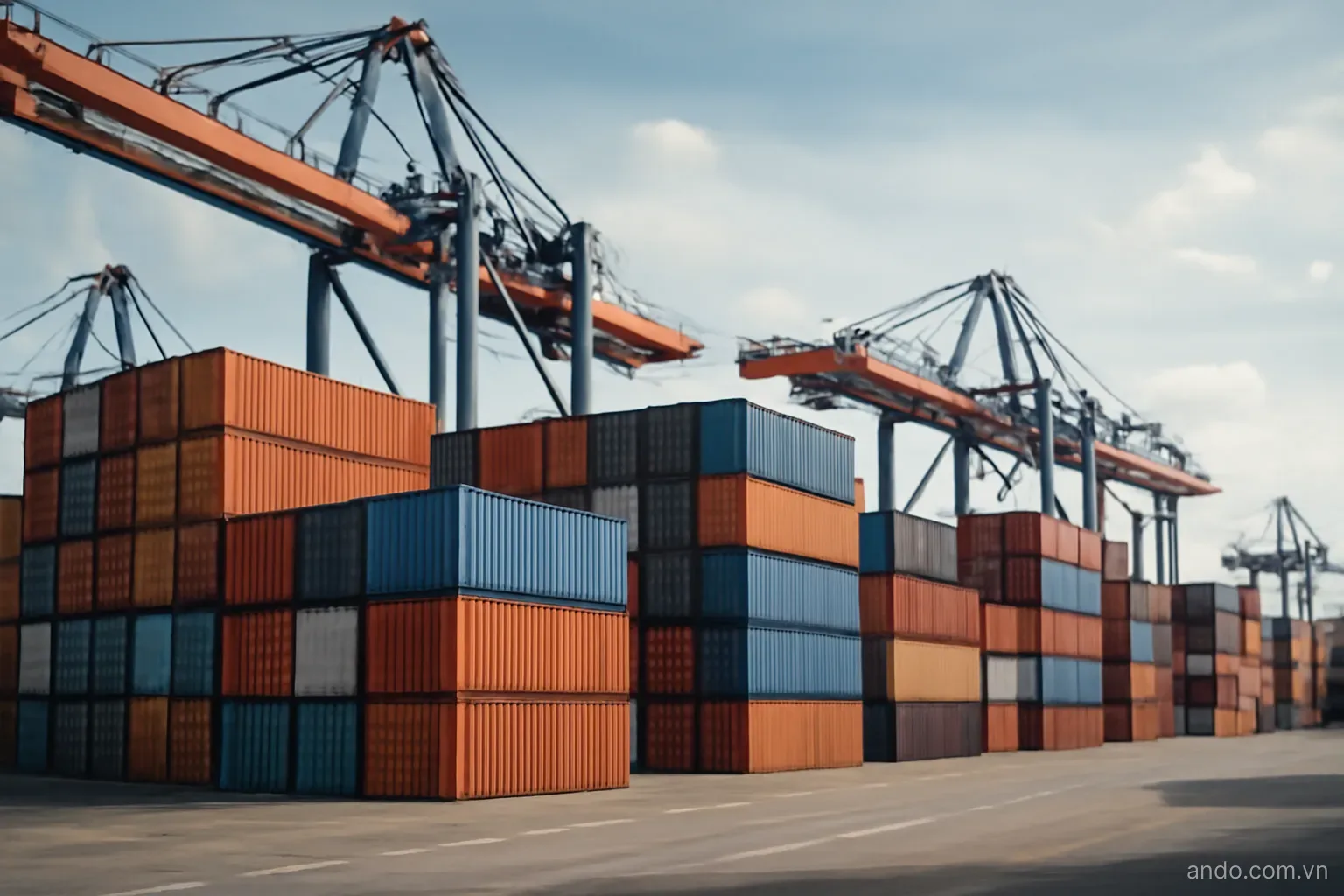 Container stacks at a port terminal with gantry cranes above, wide view, no text