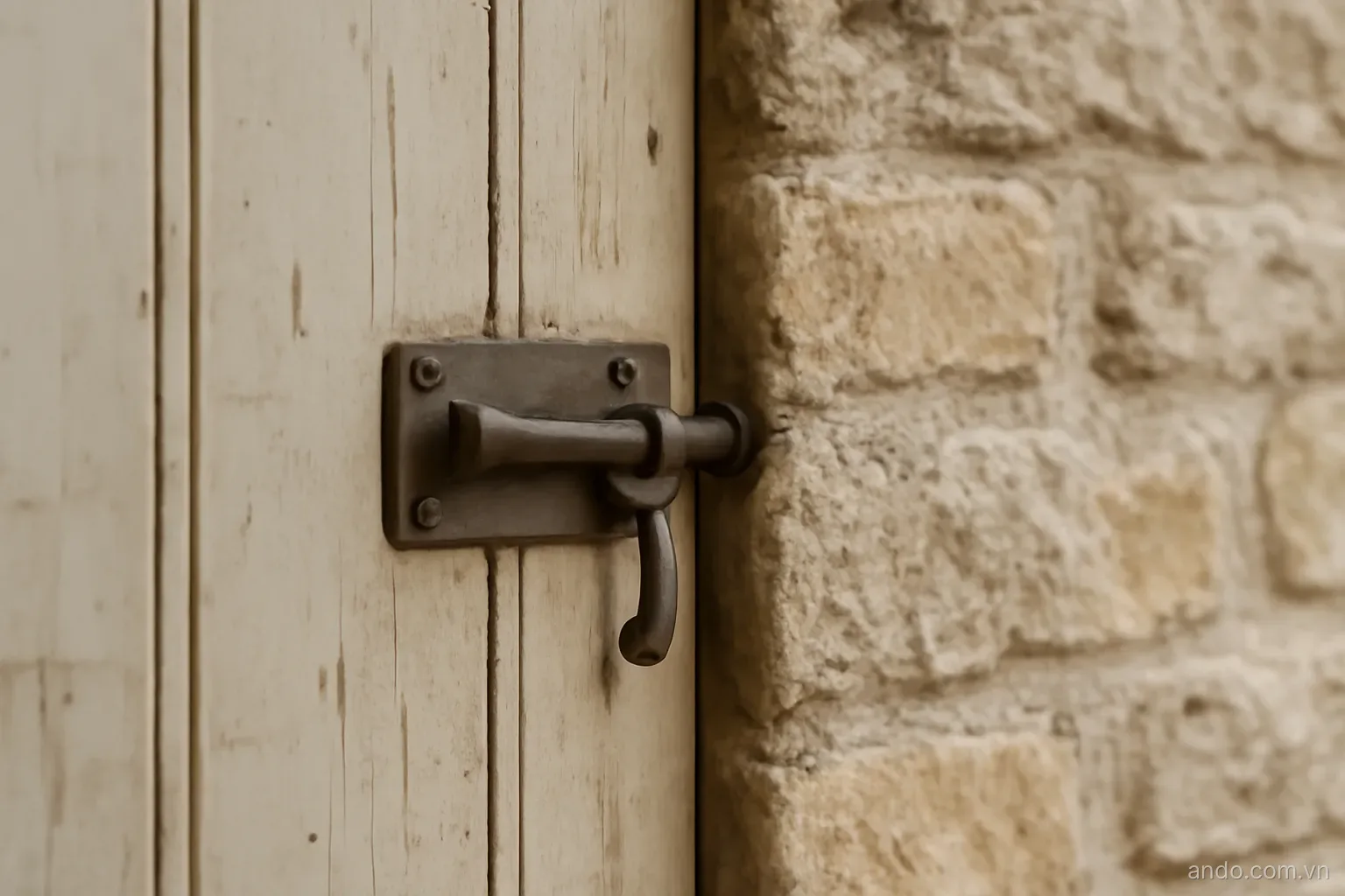 A door with a latch that only opens from one side, shown in flat diagram style on stone, no text