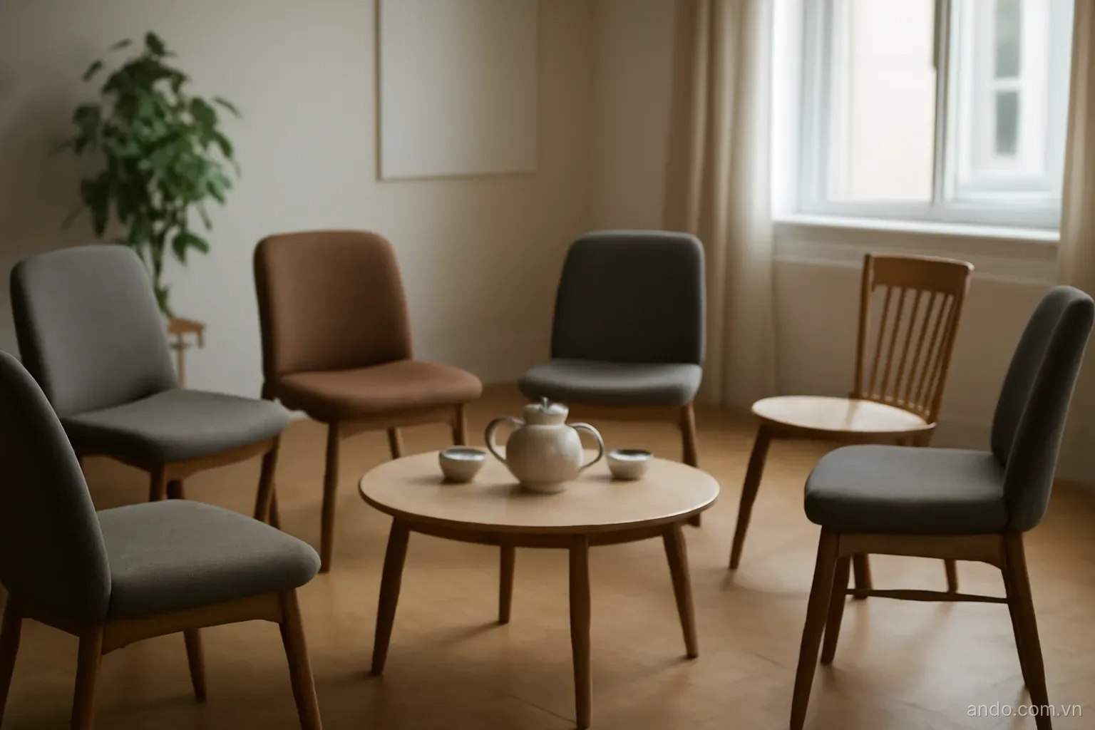 A small gathering space with chairs arranged in a circle and a tea table, wide view, no text