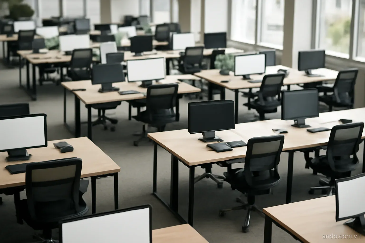 An open-plan office floor with rows of desks and monitors seen from above, wide view, no text