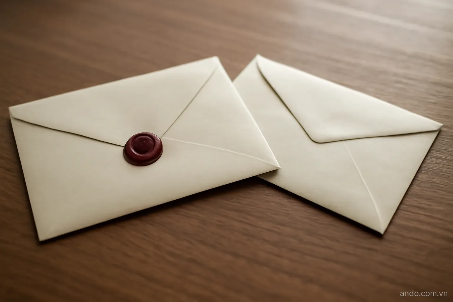 Two sealed plain envelopes lying apart on a wooden desk, one with a wax blob and one without, even daylight, no text