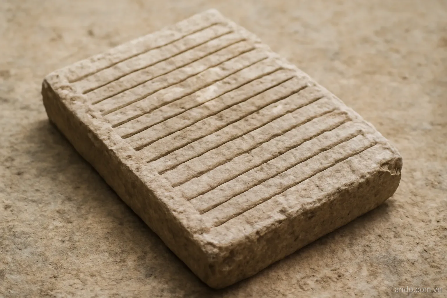 A stone tablet with rows of shallow grooves in ordered columns, overhead view, no text