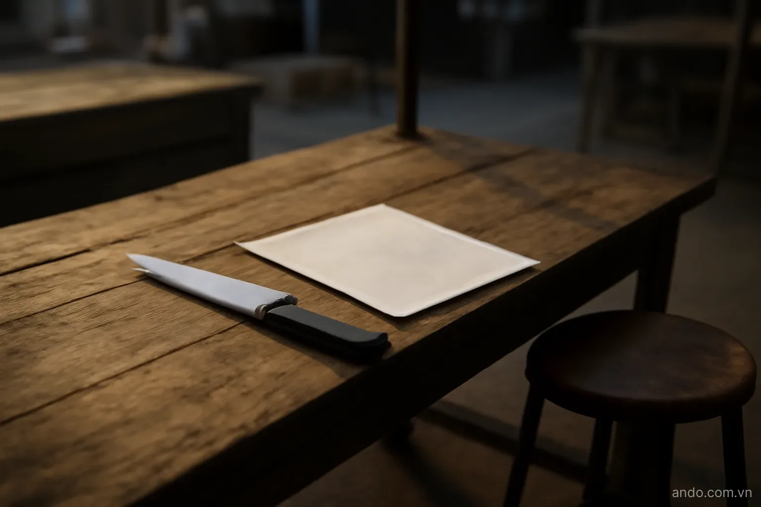 A plain blade and a folded sheet lying on a market bench with an empty stool beside it, morning light from one side, no text