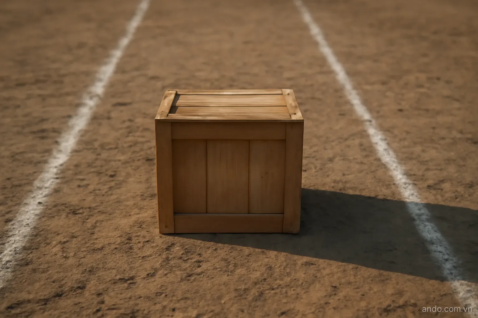 A wooden crate standing in the middle of a bare strip of ground between two long chalk lines, late afternoon shadow, no text