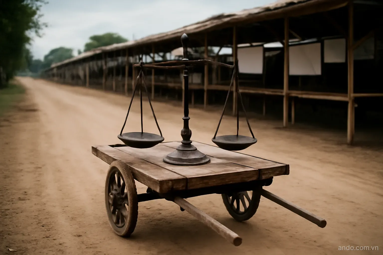A balance scale carried on a simple wooden cart along a dirt road toward a row of empty market stalls, flat daylight, no text