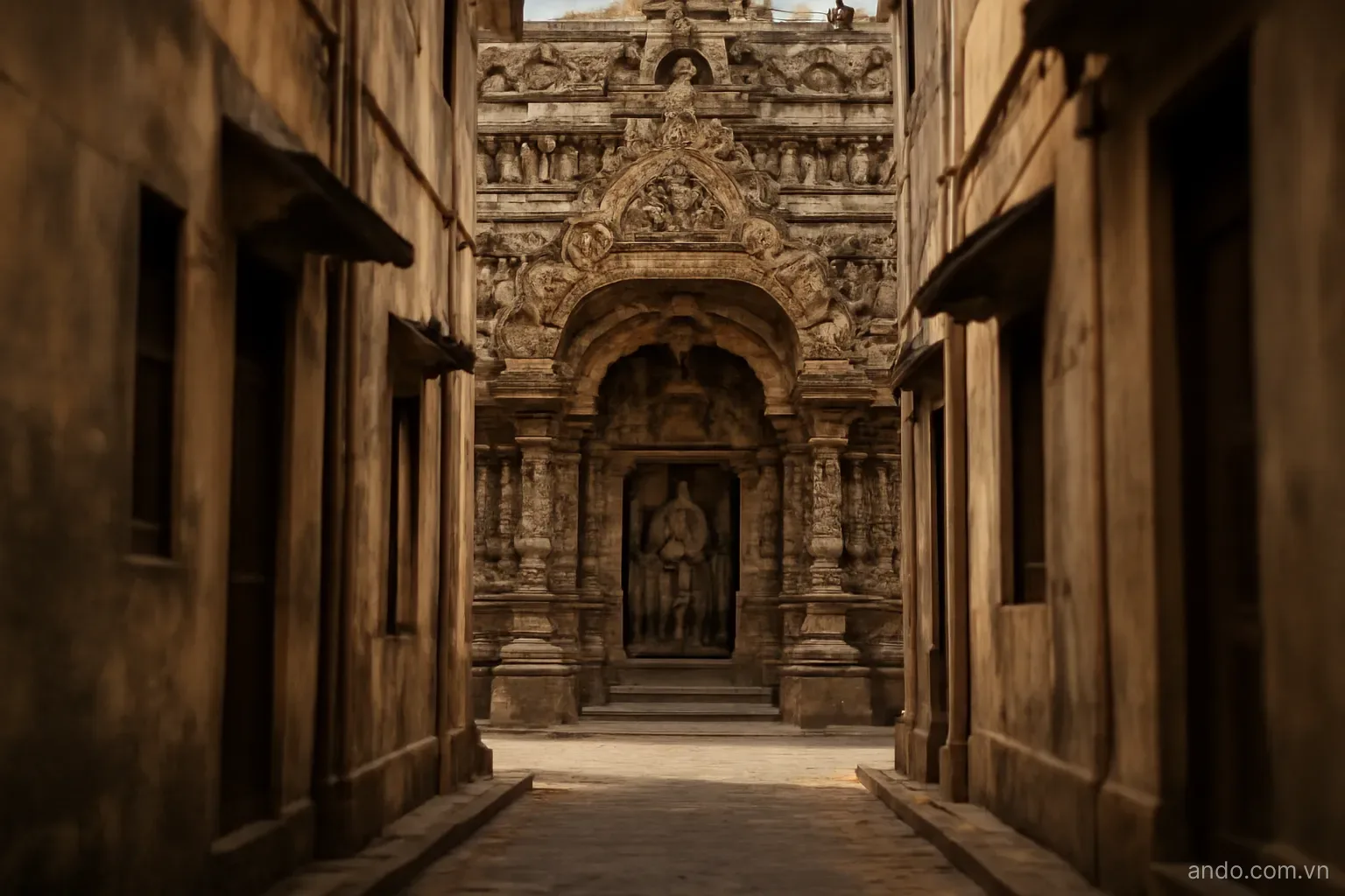 An ornate temple facade with carved figures seen from a narrow street, eye level, no text