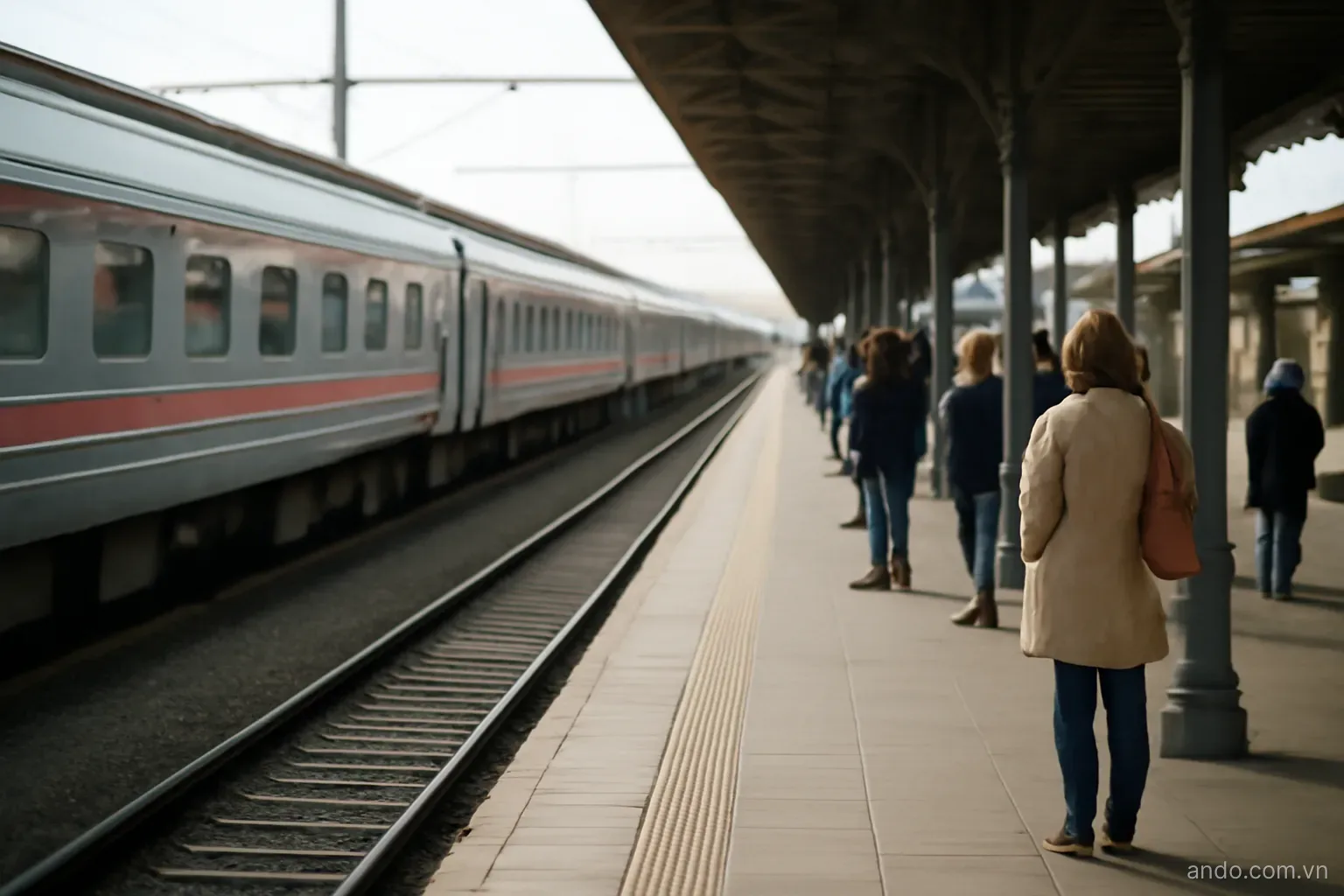 A railway platform with a long train and passengers waiting under a canopy, wide view, no text