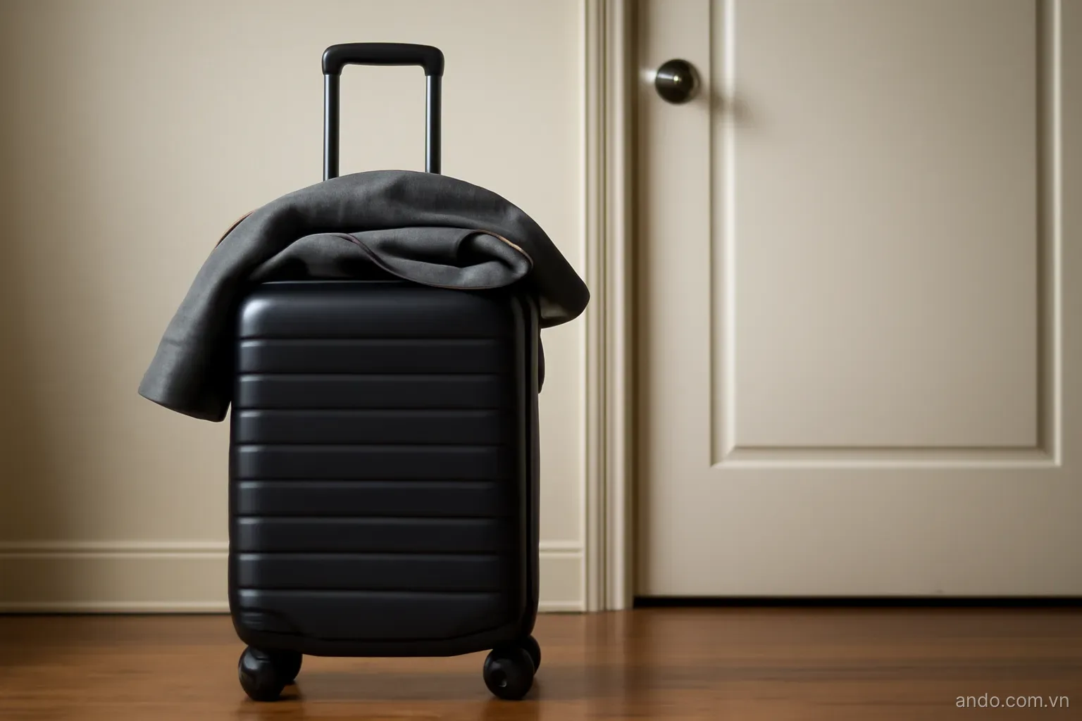 A small carry-on suitcase standing ready by a door with a folded jacket on top, eye level, no text