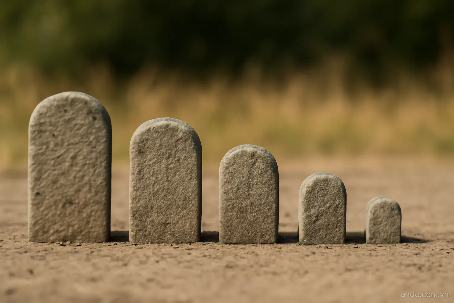 A series of stone markers showing a gap narrowing from left to right on flat ground, no text