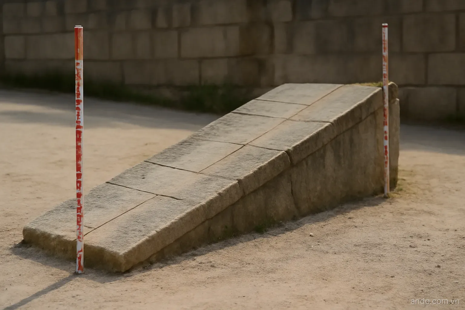 A sloped stone ramp seen from the side with two measuring rods placed at its two ends, no text