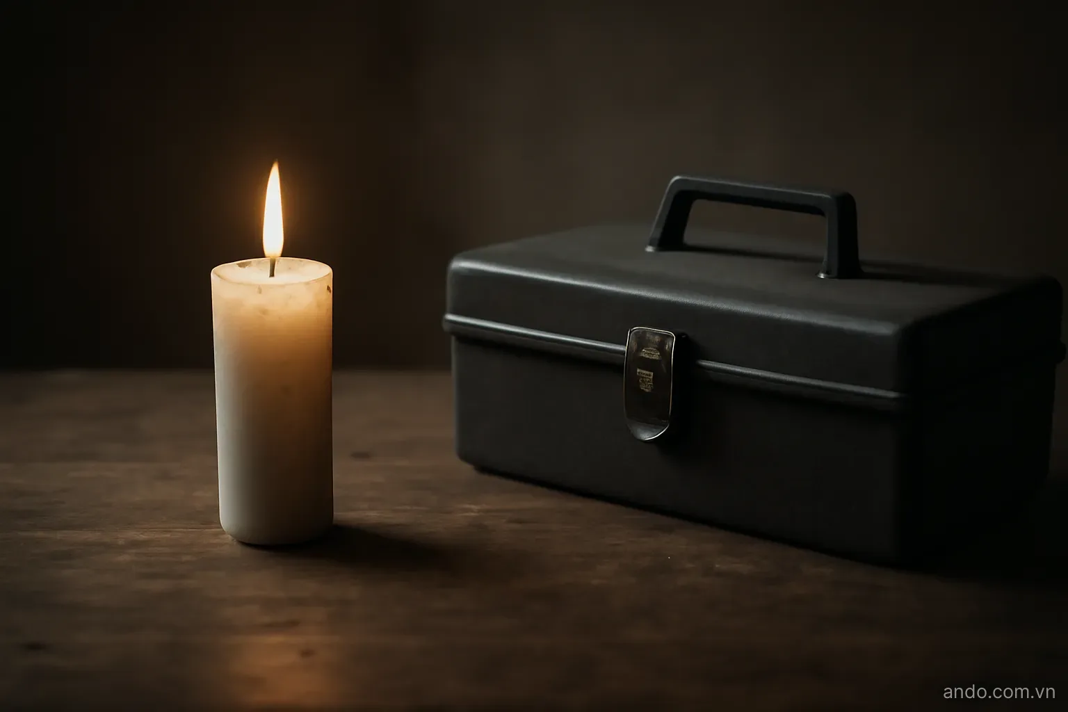 A candle already partly burned down standing on a bare table with an unopened toolbox beside it, dim side light, no text