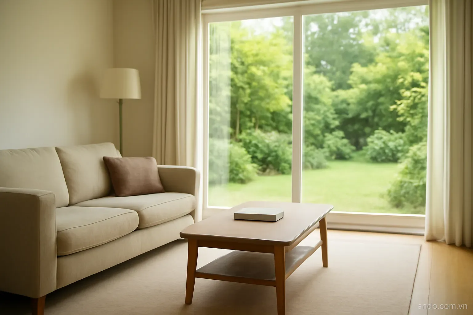 A family living room with a sofa, a low table and a window to a garden, wide view, no text