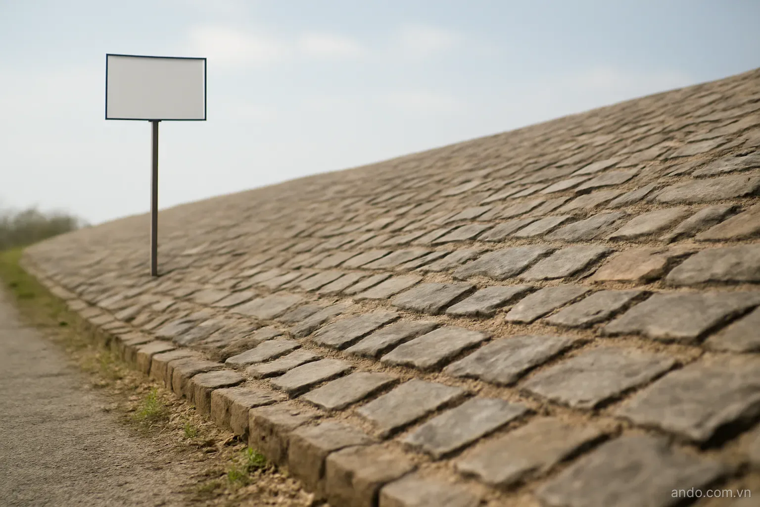 A long stone slope viewed from the side with a level marker at the top and another at the bottom, no text
