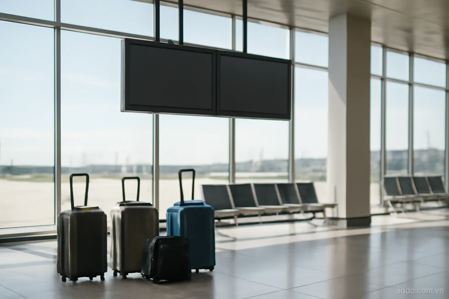 An airport departure board area with travellers luggage and large windows, wide view, no text