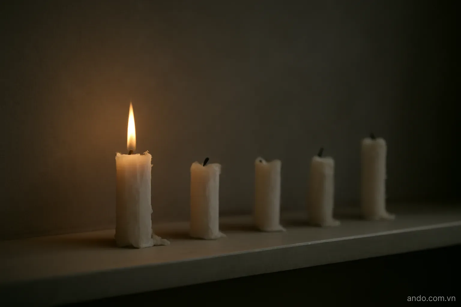 Several short candle stubs of unequal length lined up on a plain shelf, only the leftmost one lit, dim surroundings, no text