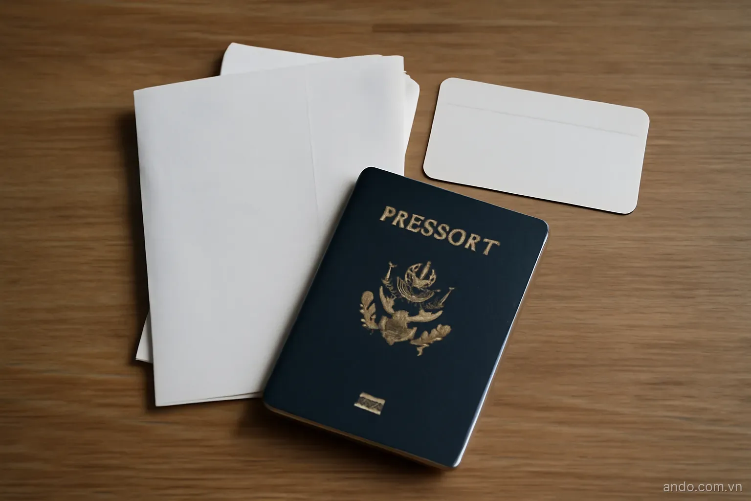 A passport, folded documents and a boarding pass on a table, top-down view, no text