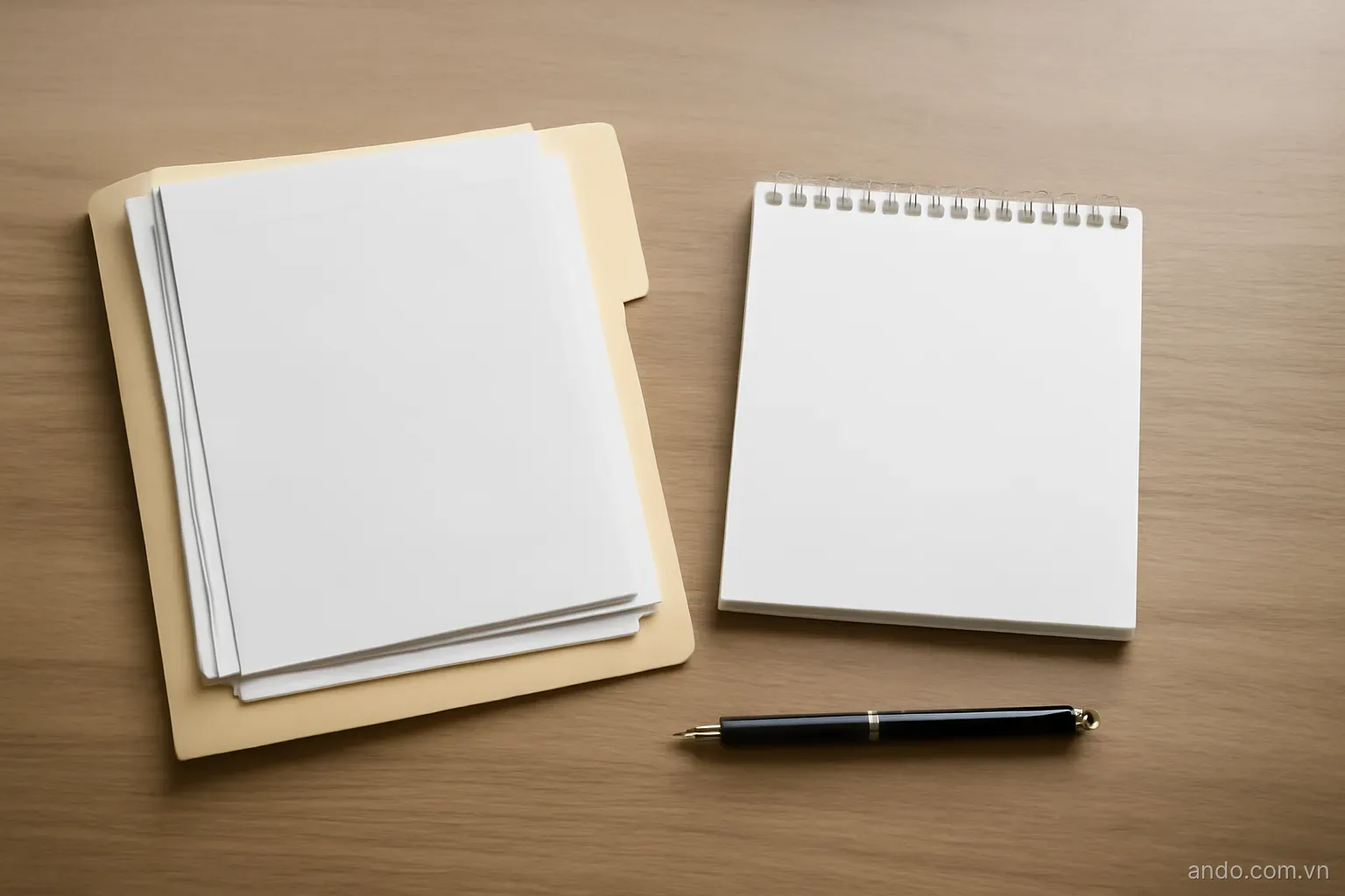 A desk with a folder of documents, a calendar and a pen, top-down view, no text