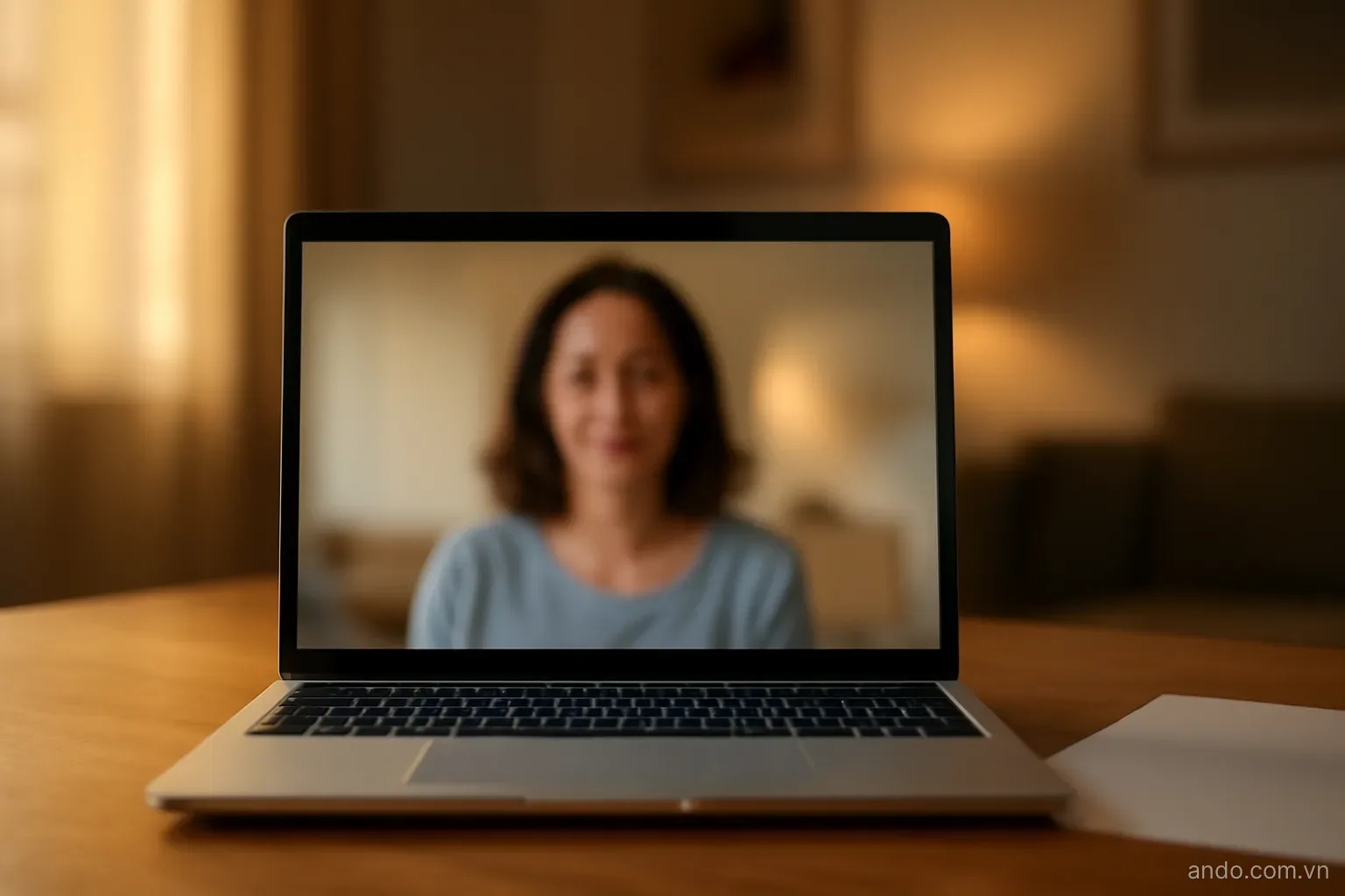 A video call on a laptop screen showing a blurred room, warm evening light, eye level, no text