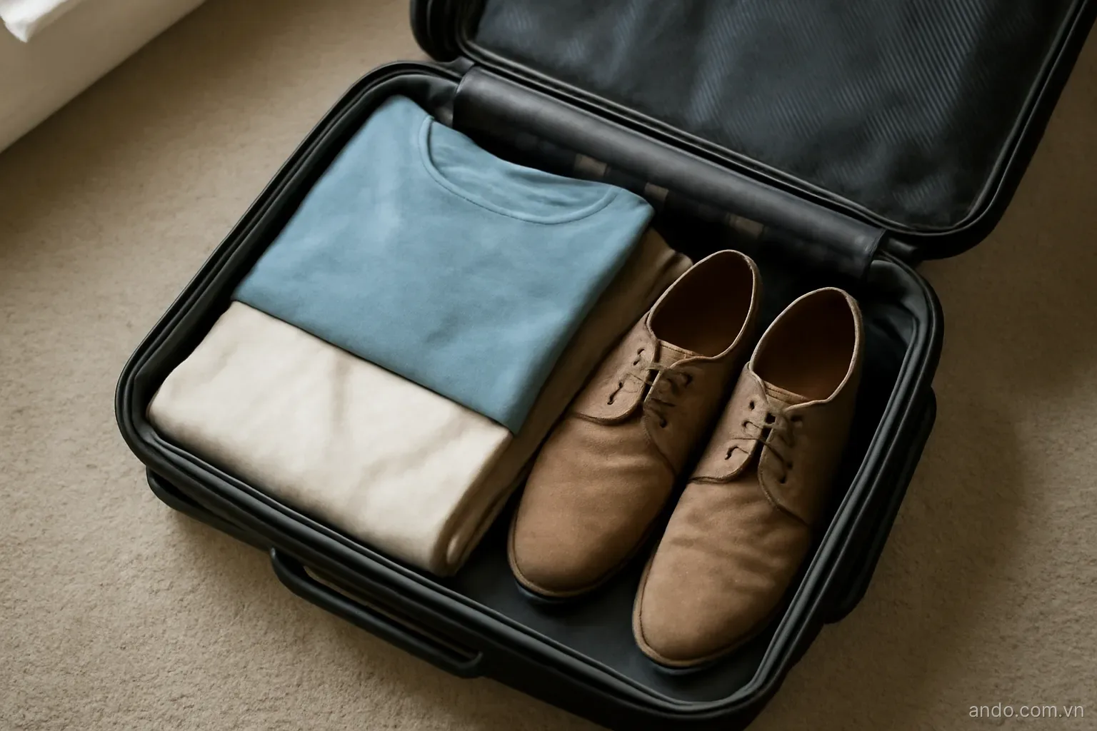 An open suitcase with folded clothes and a pair of shoes on a bedroom floor, top-down view, no text