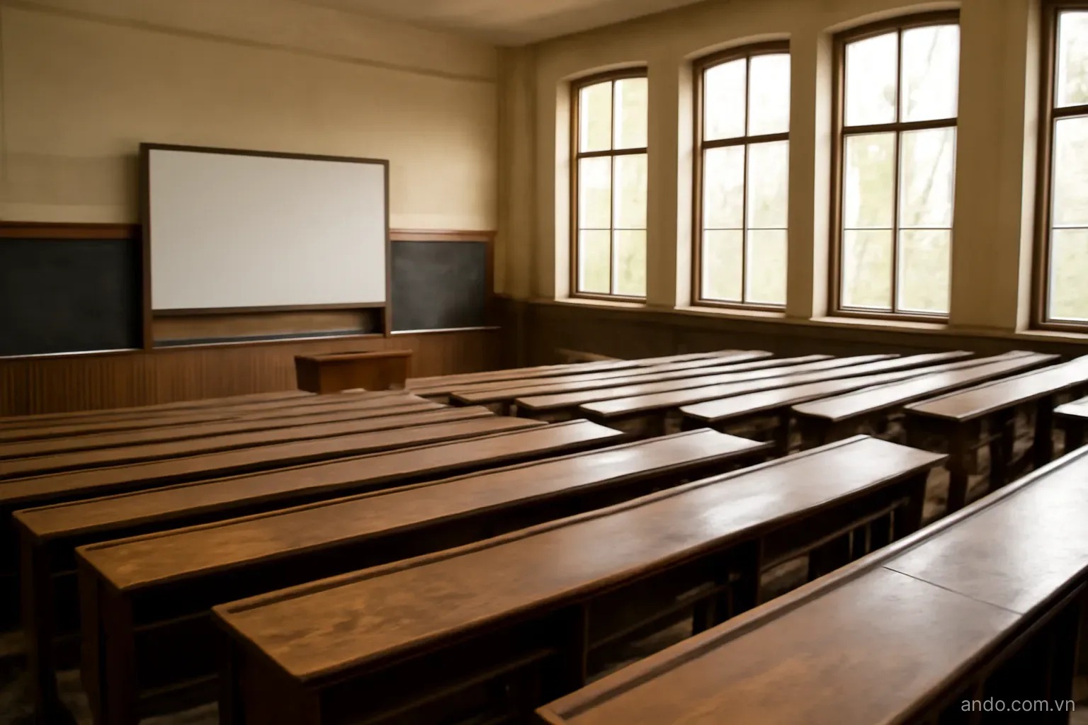 An old lecture hall with wooden benches rising in tiers and tall windows, wide view, no text