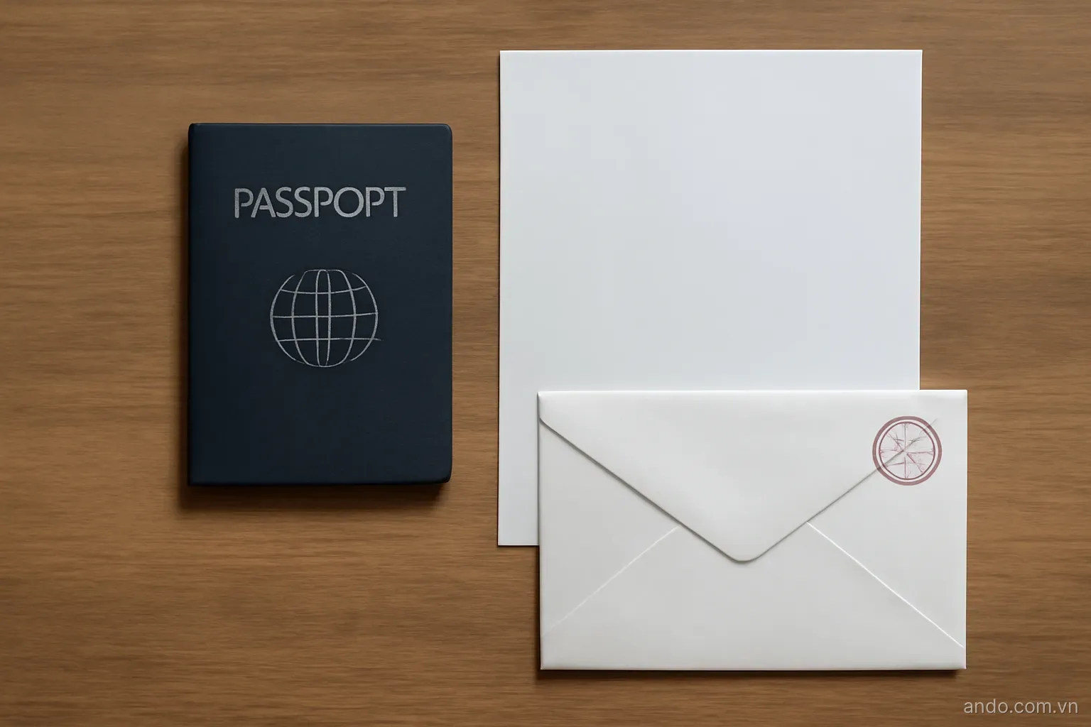 A passport, an acceptance letter and a stamped envelope laid out on a table, overhead view, no text