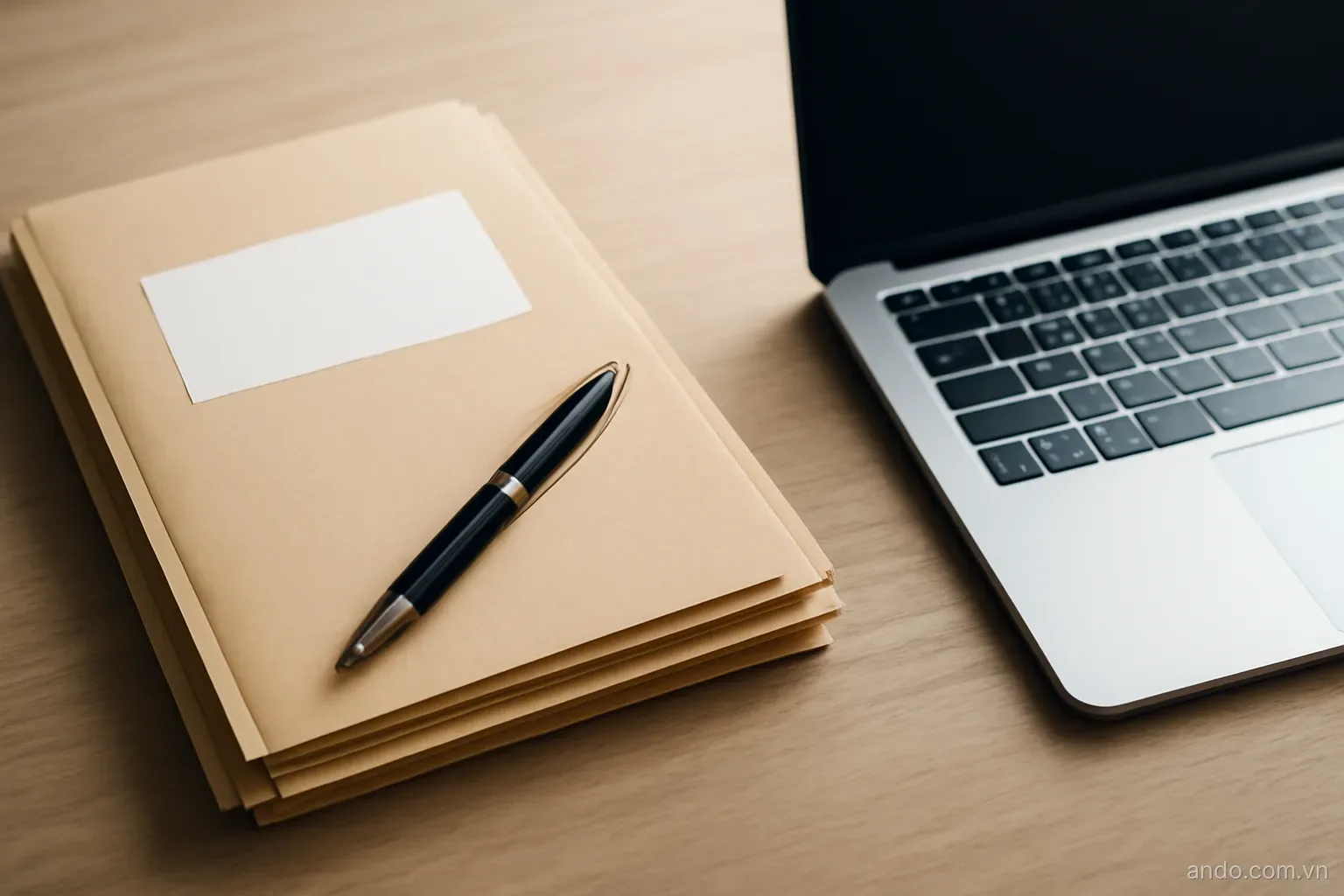 A stack of application folders and a pen on a desk beside a laptop, overhead view, no text