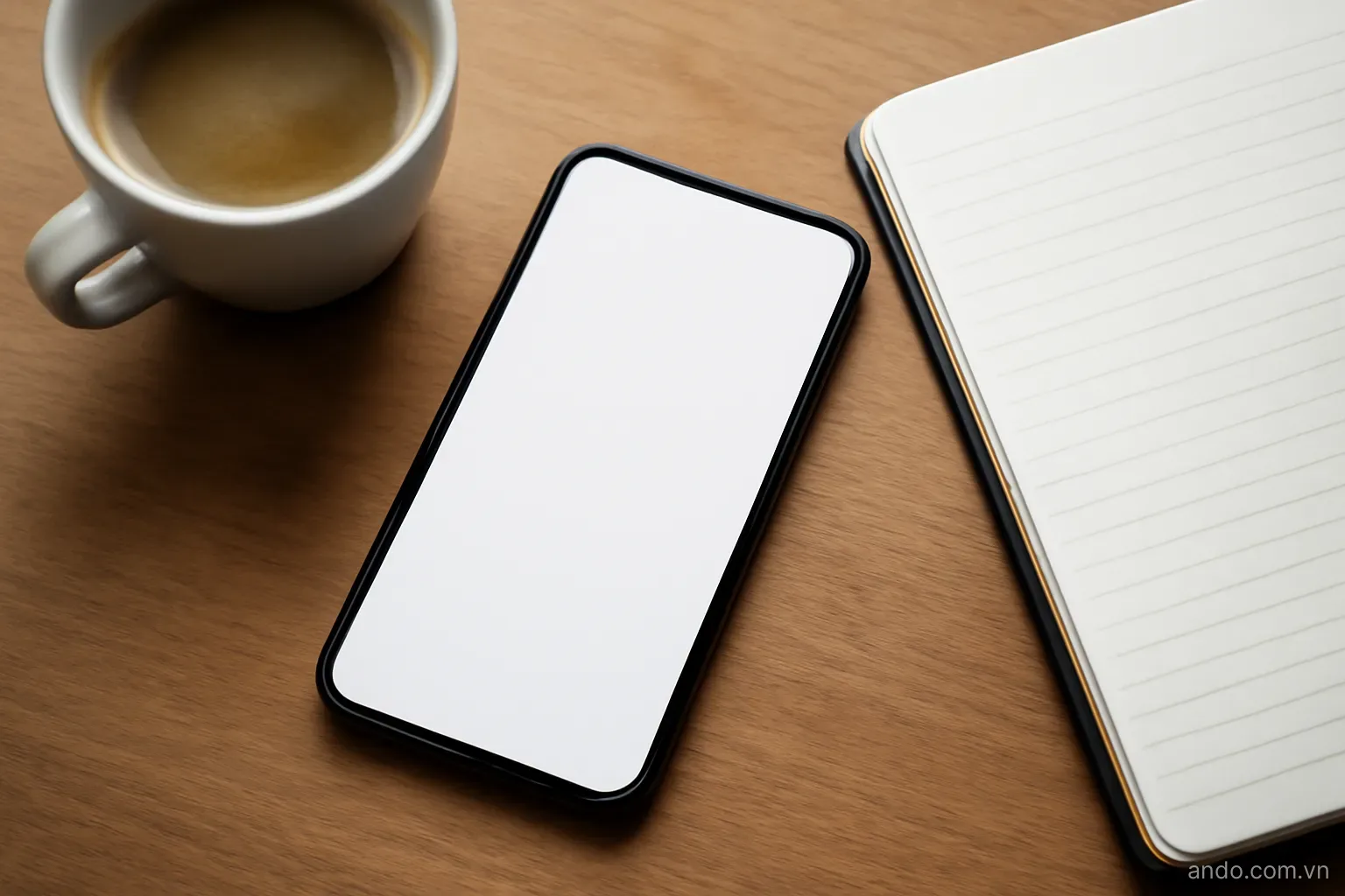 A smartphone on a table beside a notebook and a cup, top-down view, no text