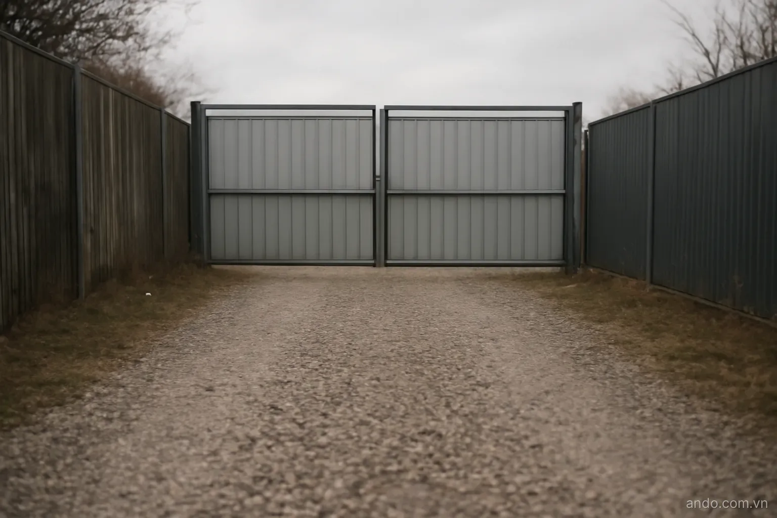 A short stretch of empty gravel yard between two closed gates, seen straight on, overcast light, no text