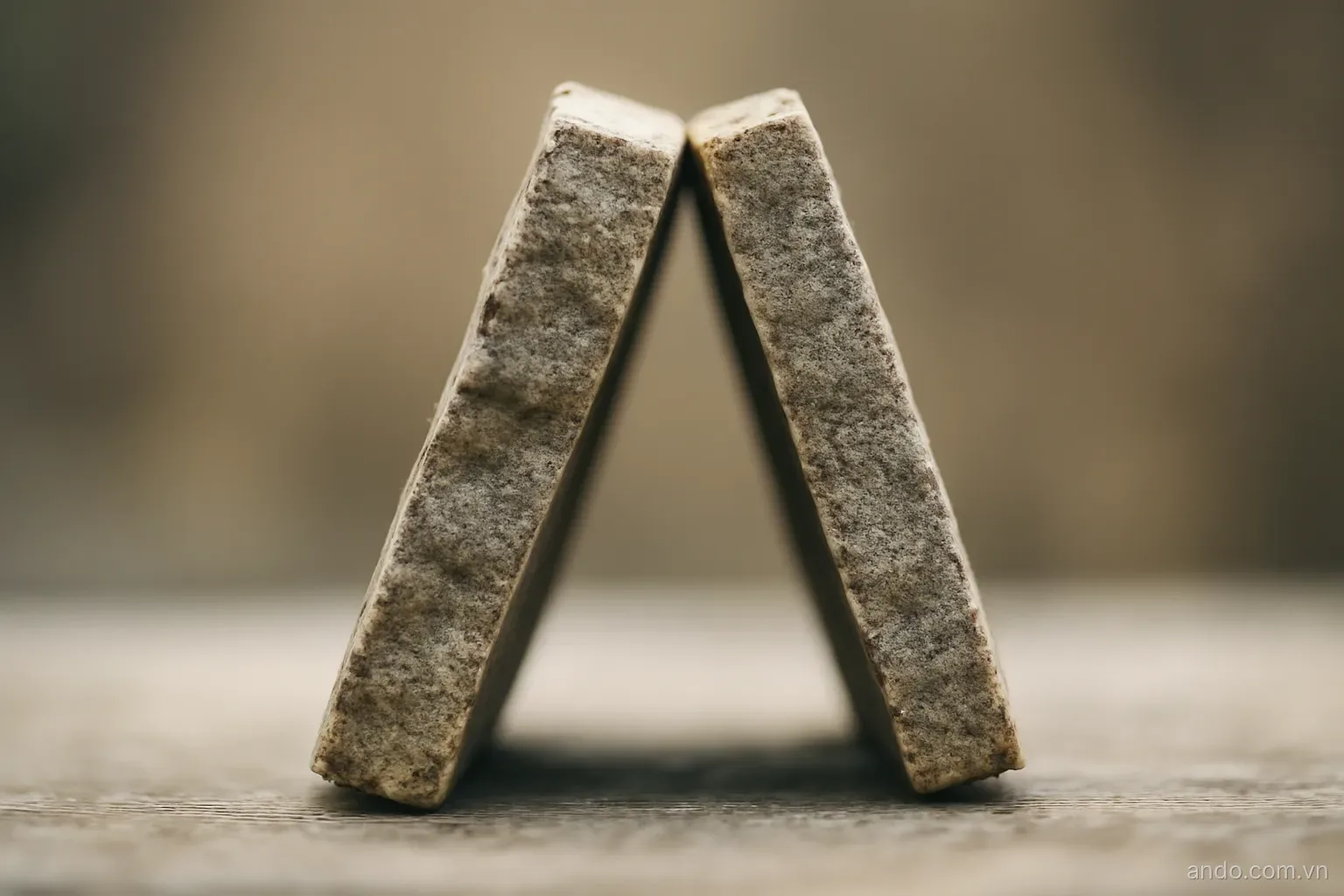 Two stone slabs of unequal thickness resting against each other forming a gap, side view, no text