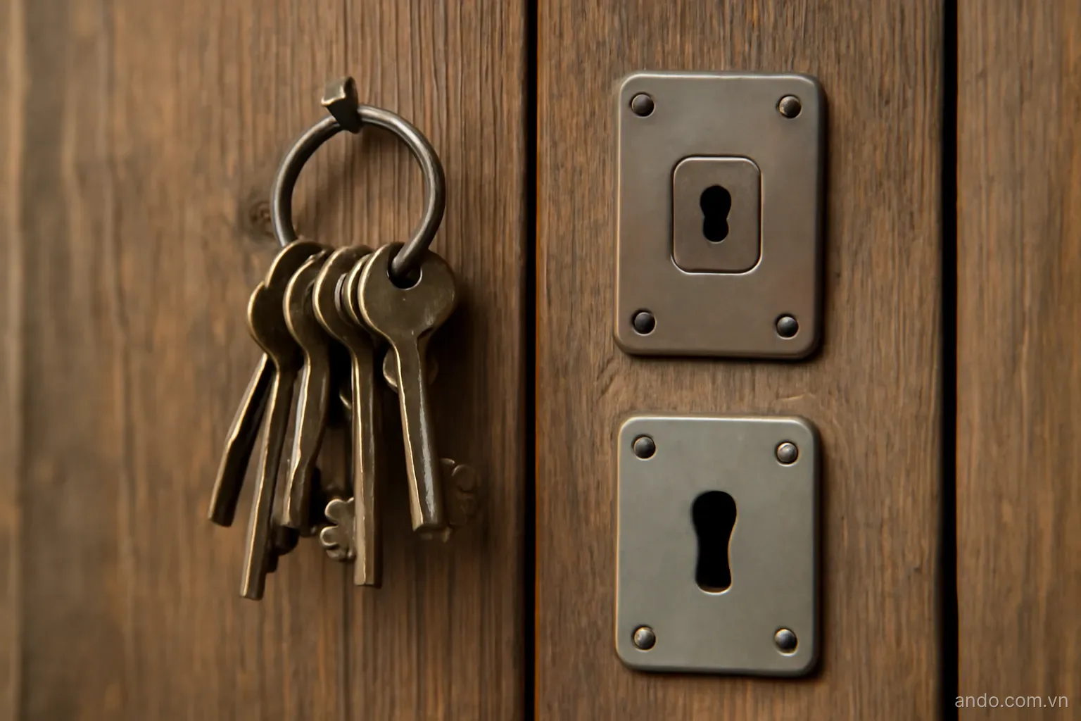 A ring of assorted keys hanging on a nail beside two different lock plates mounted on wood, no text