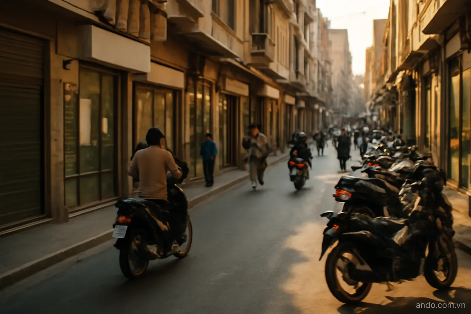 A busy city street with shop fronts and motorbikes in warm afternoon light, wide view, no text
