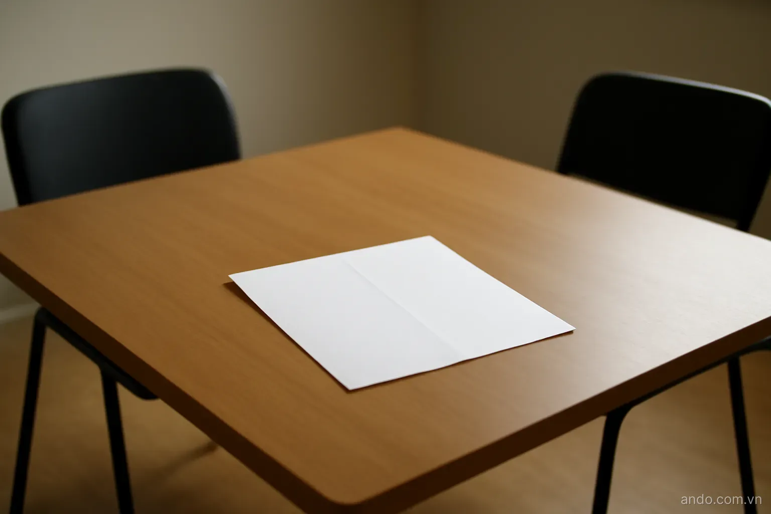 One folded blank document lying on a table between two empty chairs facing each other, soft overhead light, no text