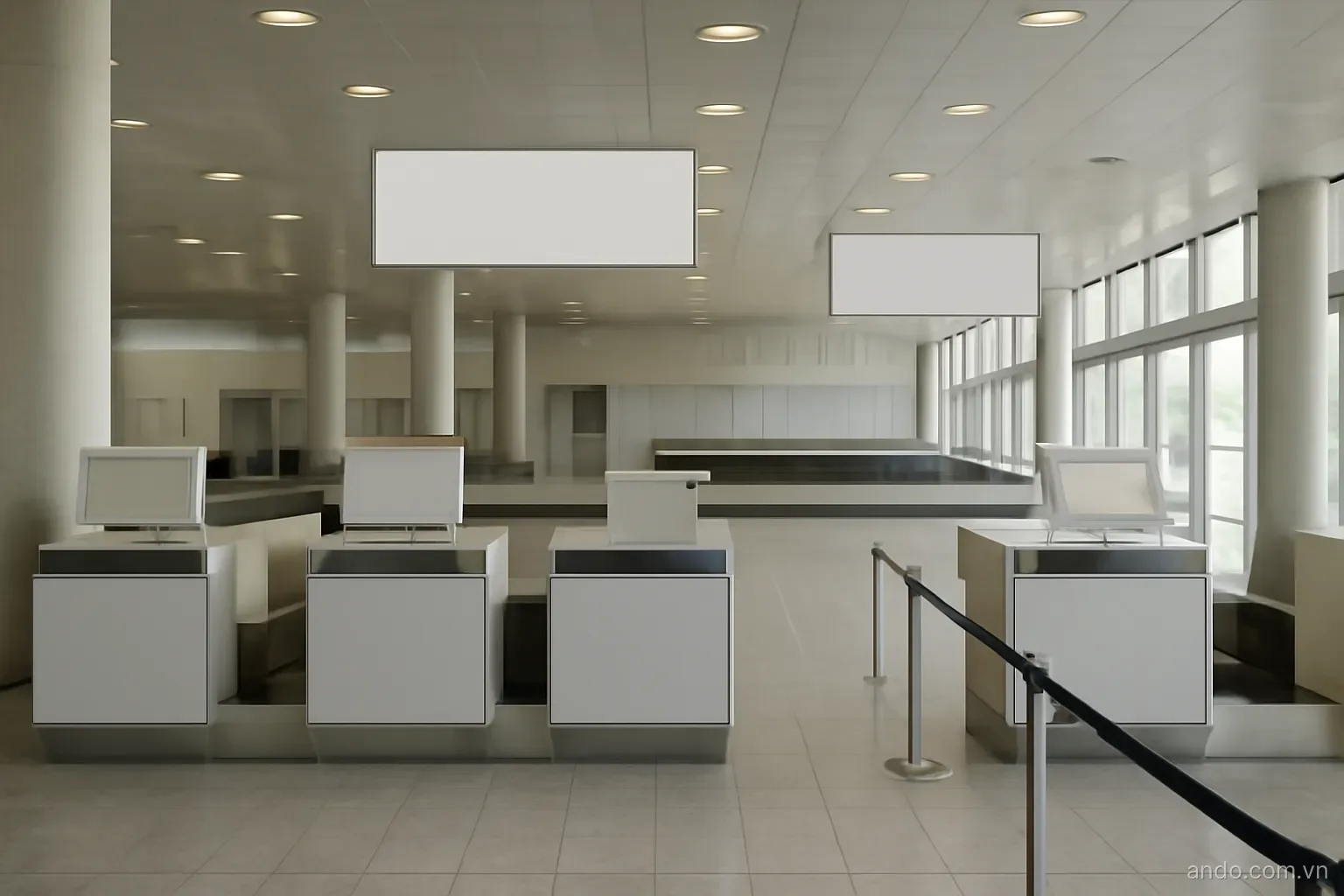 An arrivals hall with immigration counters and a baggage belt beyond, wide view, no text