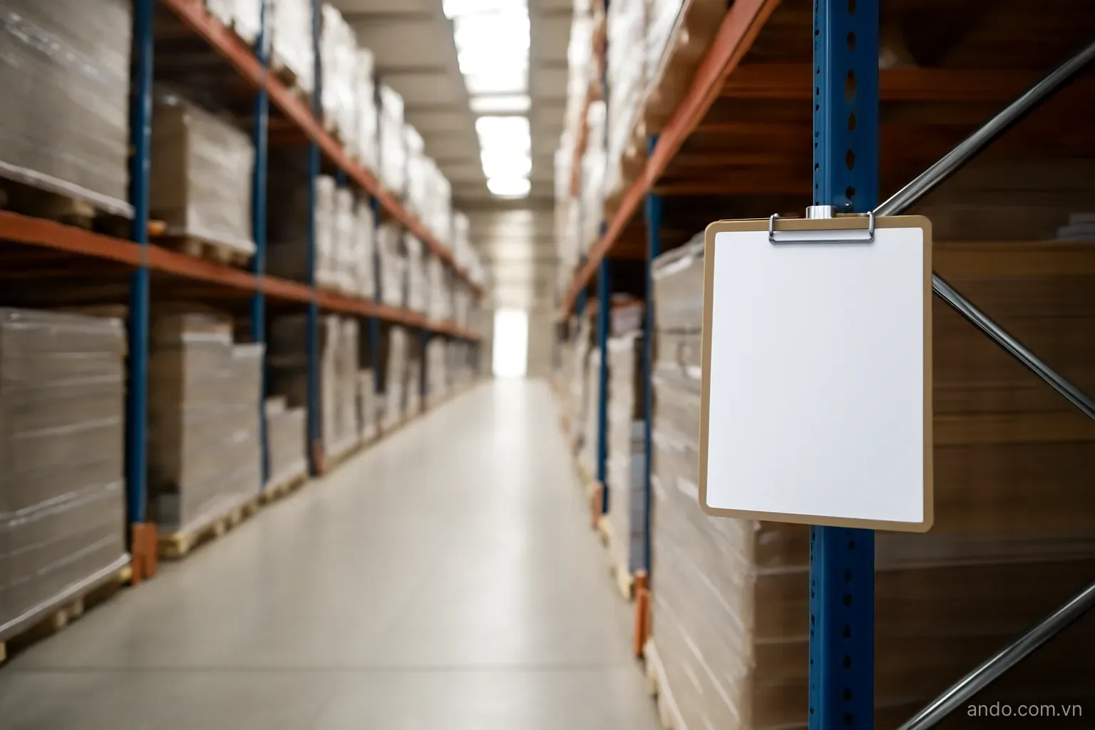 A warehouse aisle with palletised goods and a clipboard hanging on a rack, wide view, no text