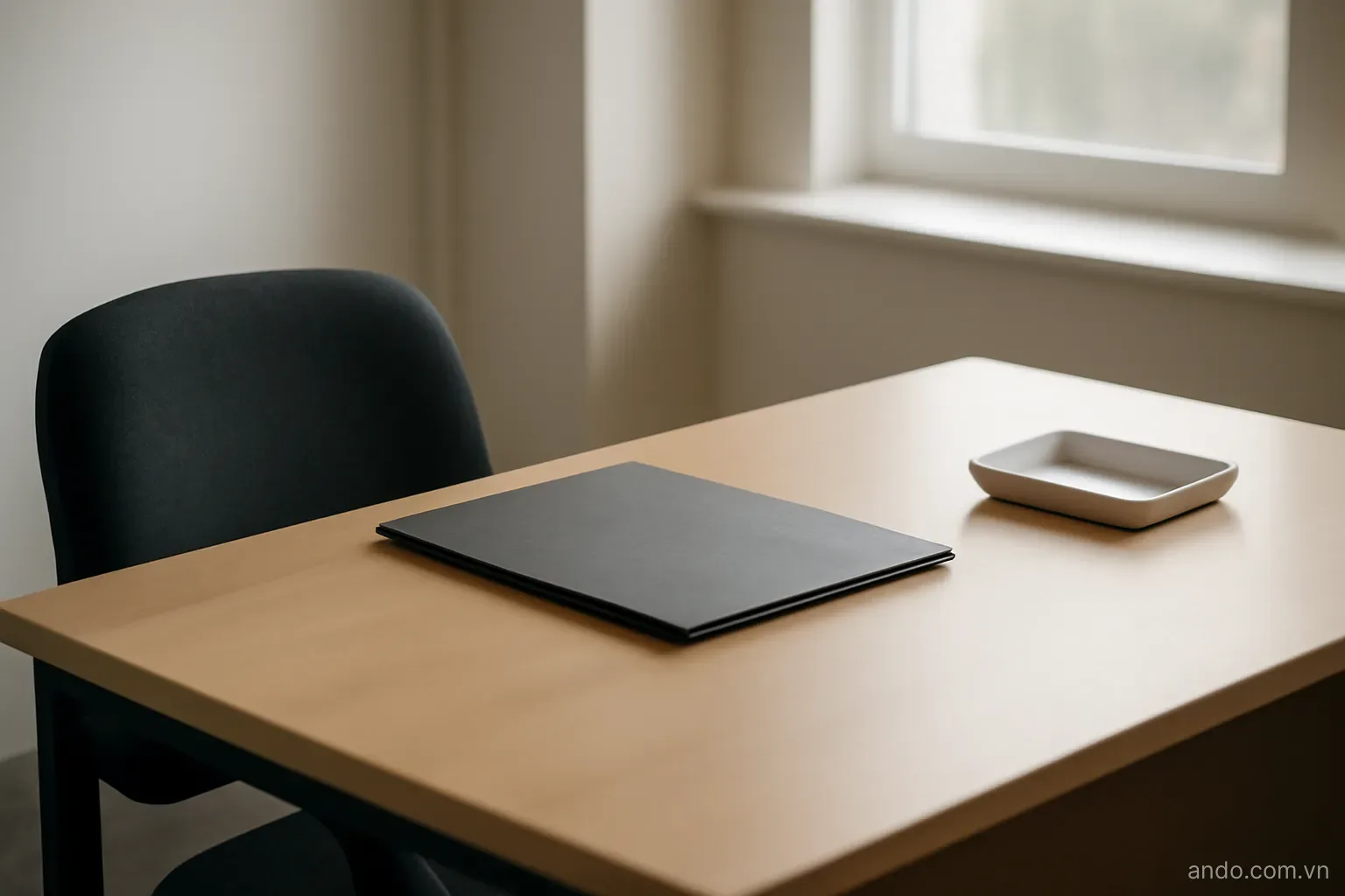 An empty desk chair pulled up to a plain table holding a closed folder and a small tray, seen from the far side of the table, no text