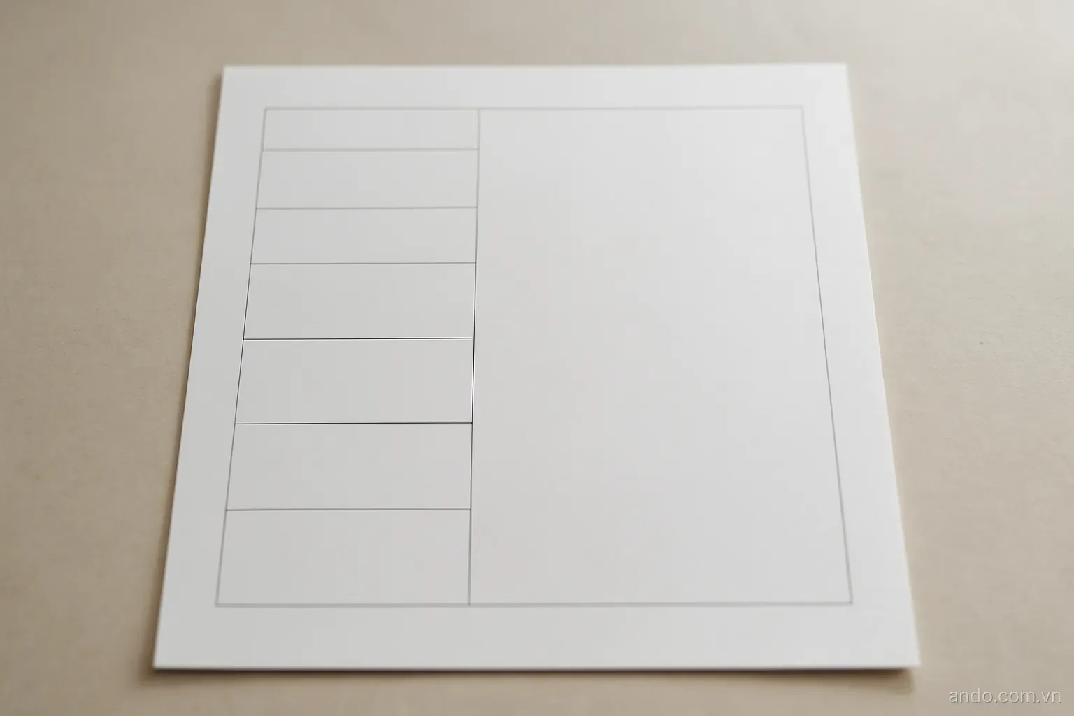 A plain form-shaped paper sheet with several empty ruled boxes and one large blank area beside it, flat overhead light, no text