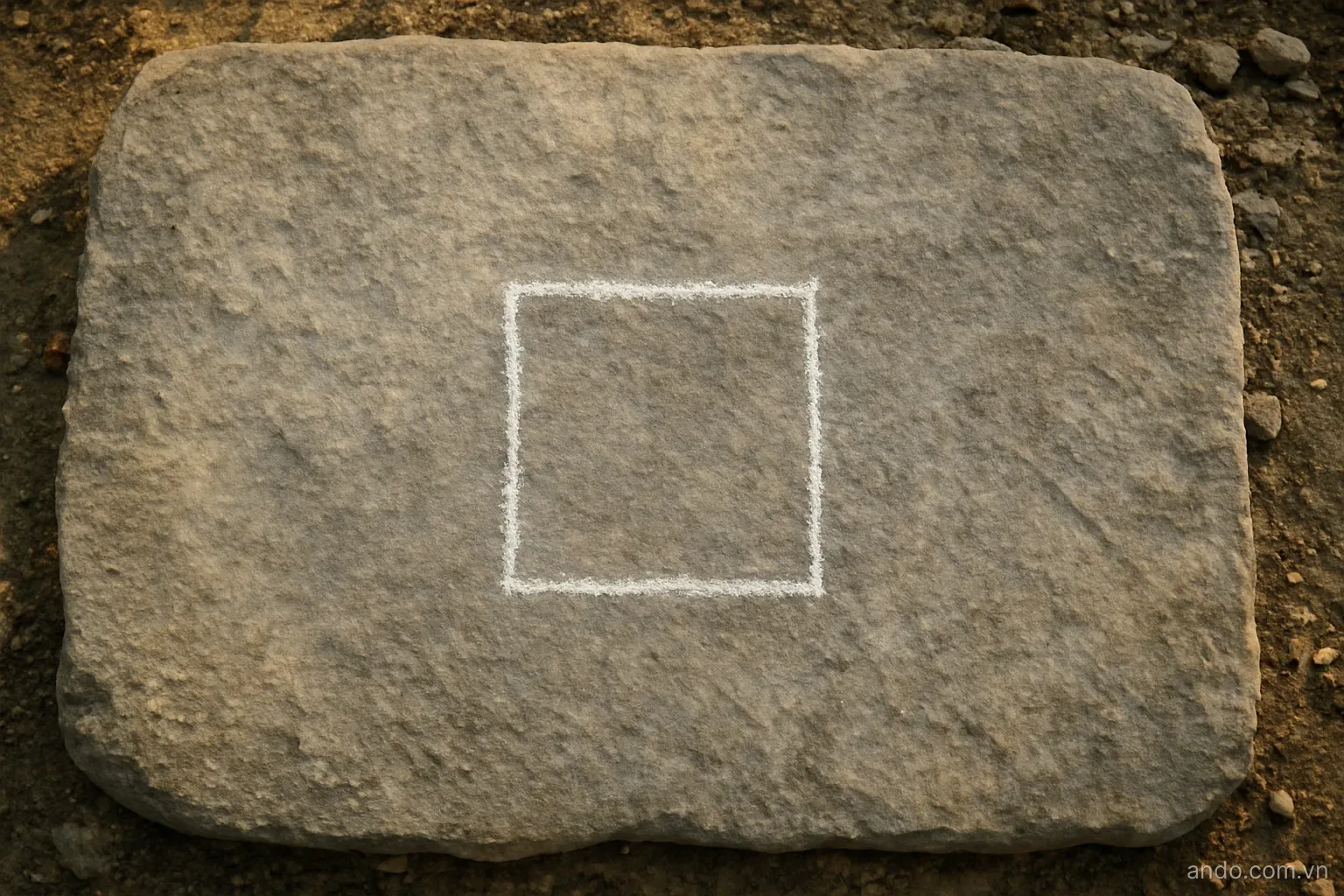 A wide stone slab with a much smaller chalk-drawn square marked near its center, overhead view, no text