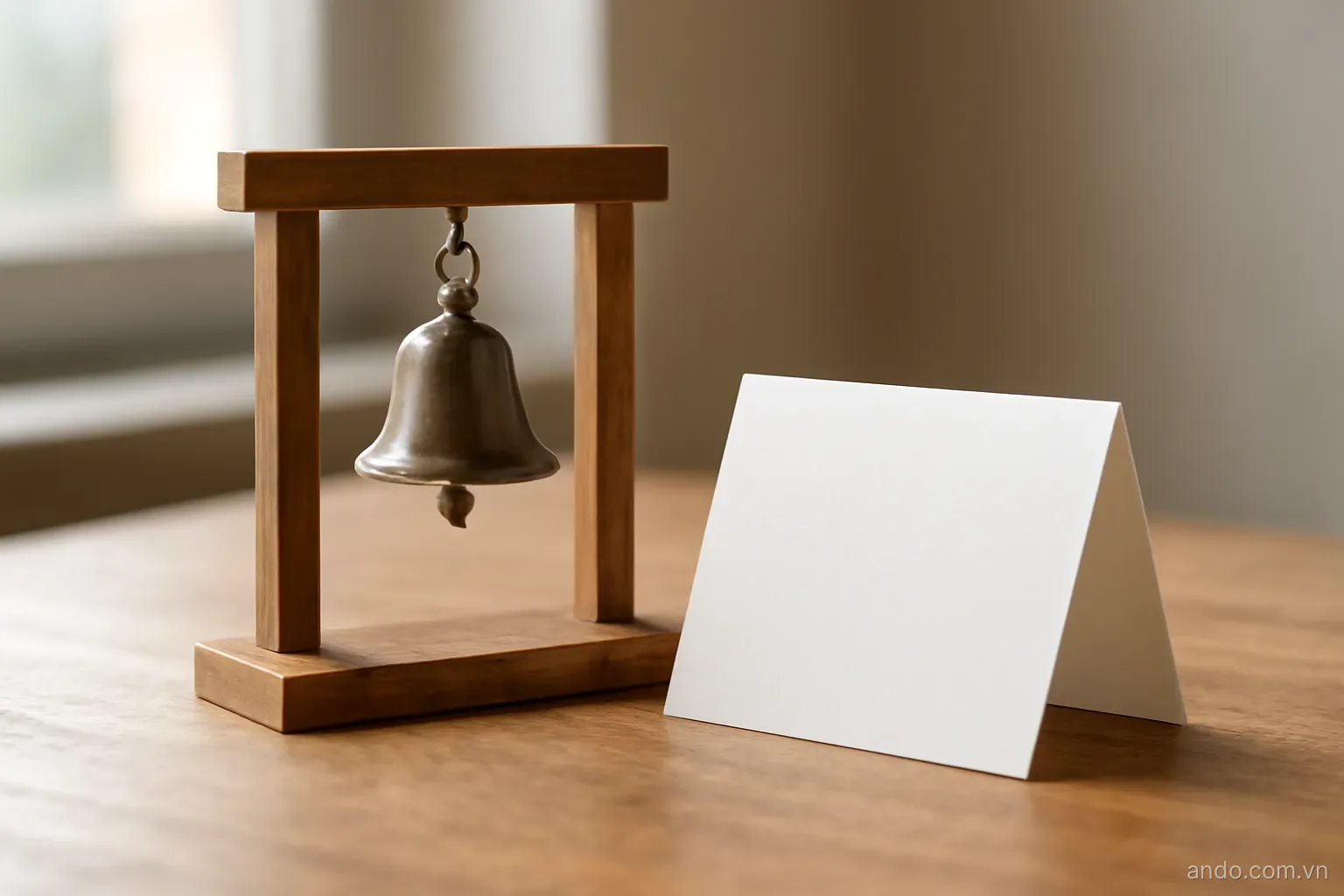 A small metal bell hanging from a wooden frame beside a folded paper certificate on a bare table, no text